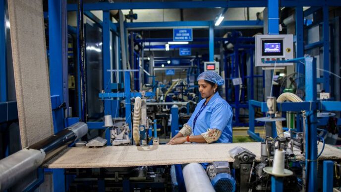 A factory worker operates textile machinery.