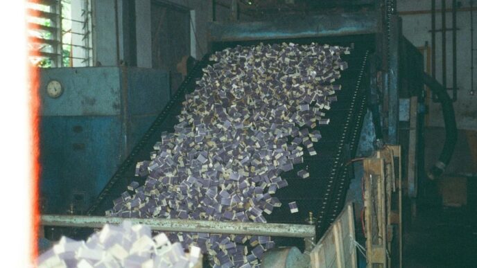 a conveyor belt filled with lots of money