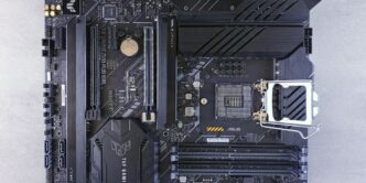 The motherboard of a computer on a white surface