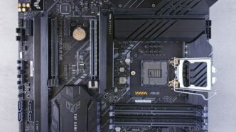 The motherboard of a computer on a white surface