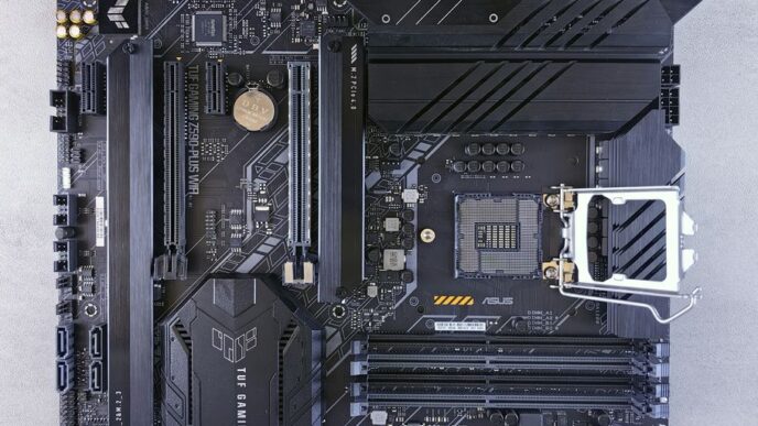 The motherboard of a computer on a white surface