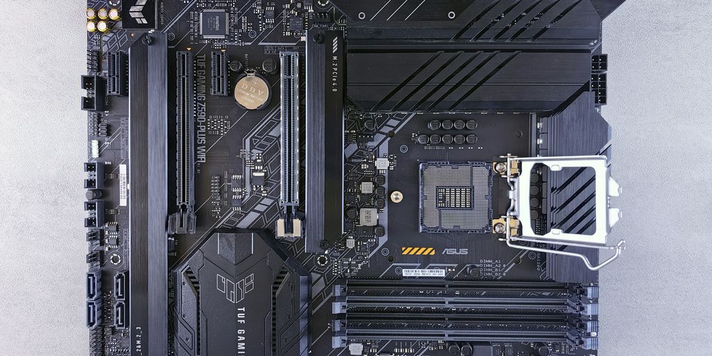 The motherboard of a computer on a white surface