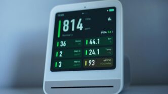 Air quality monitor shows levels of pollutants.