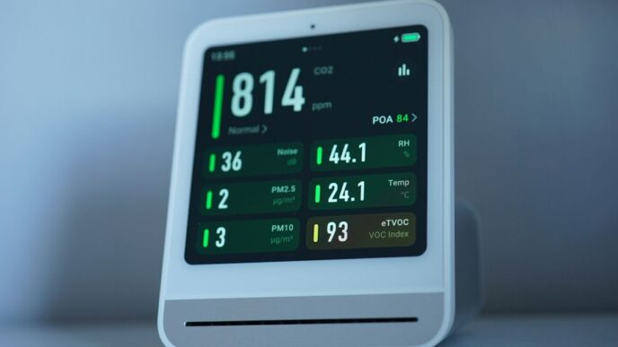 Air quality monitor shows levels of pollutants.