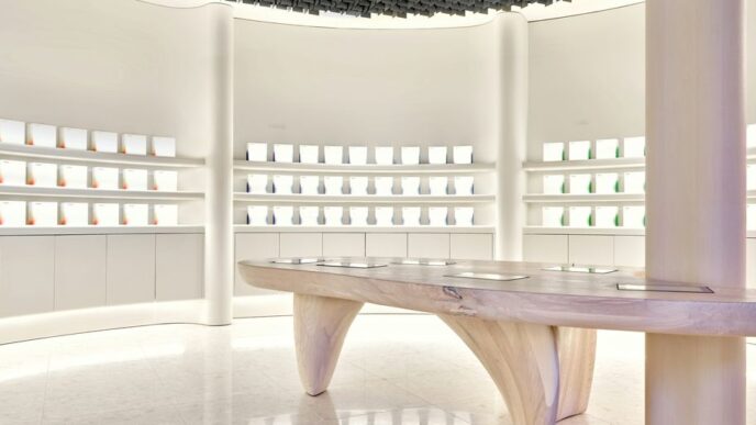 a bench in a room with a lot of shelves