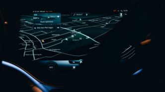 the dashboard of a car with a map on it