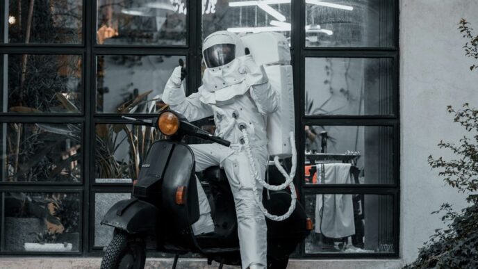 Astronaut rides a scooter in front of a window.