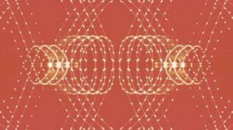 a red background with circles and dots