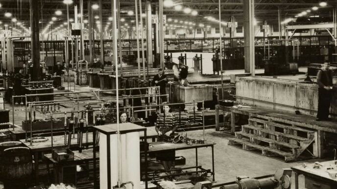 grayscale photo of industrial machine