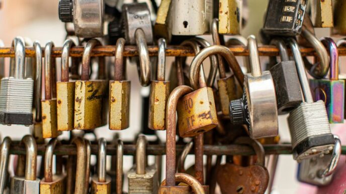 a bunch of padlocks are hanging on a wall