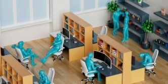 a group of desks with blue figures on them