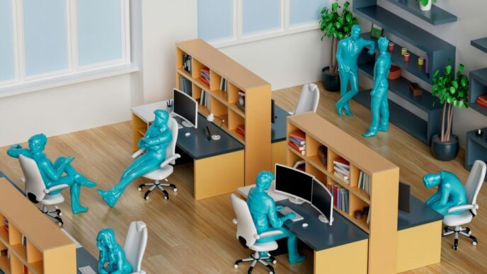 a group of desks with blue figures on them