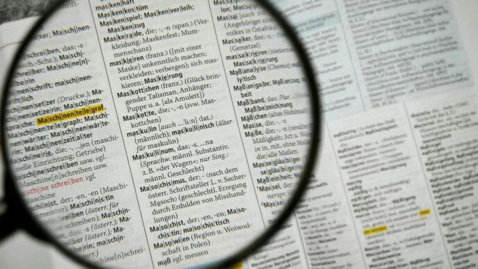 Magnifying glass focuses on a dictionary page.
