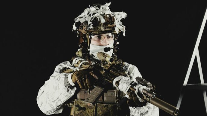 a man dressed in camouflage holding a rifle