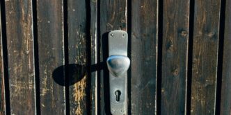 a metal door handle on a wooden door