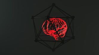 Glowing brain encased in a geometric structure.