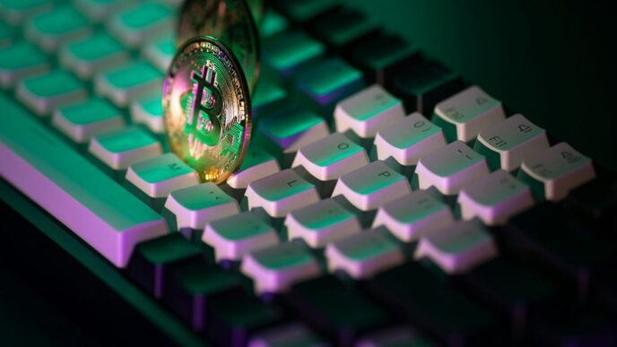 A close up of a computer keyboard with a light on it