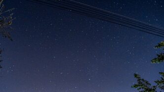 a night sky with stars and a line of power lines