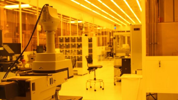 a lab with a microscope and other equipment