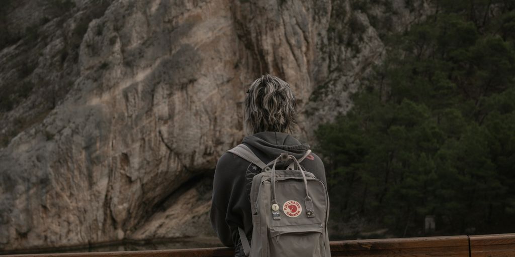 A person with a backpack standing on a bridge