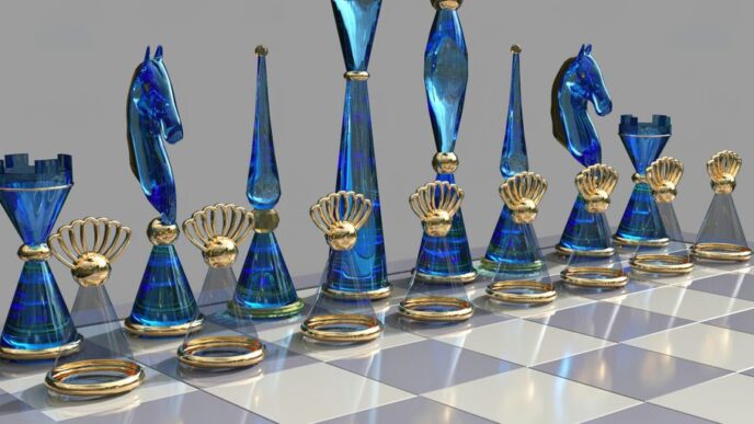 a chess board with blue glass pieces on it