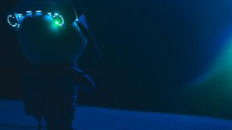 a stuffed animal with glowing eyes on a bed