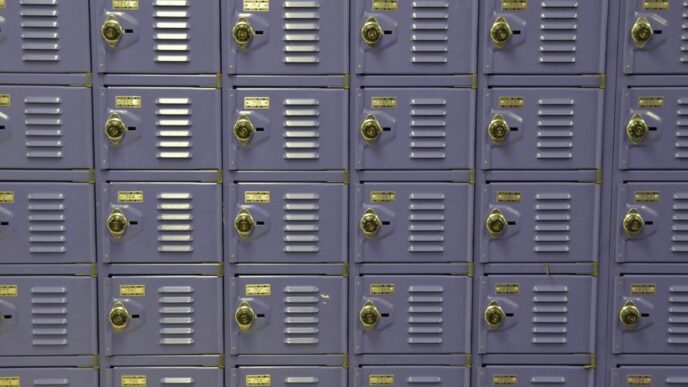 a wall of purple lockers with yellow tags on them