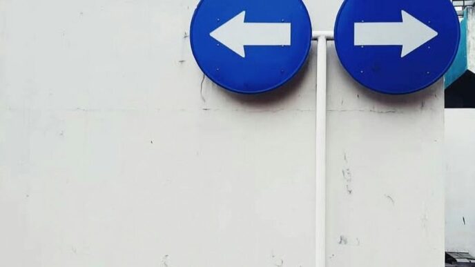 Two blue signs pointing in opposite directions on a white wall