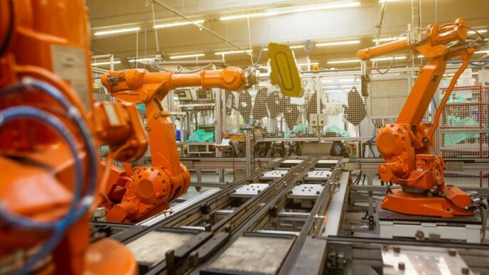 a factory filled with lots of orange machines