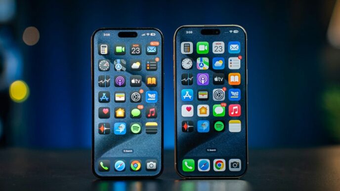 Two cell phones sitting next to each other on a table