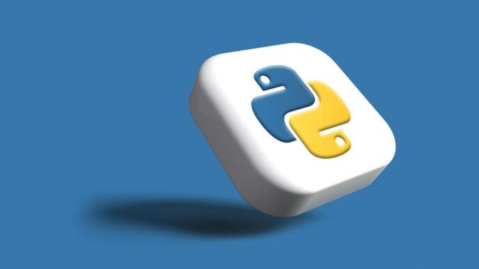 a white cube with a yellow and blue logo on it
