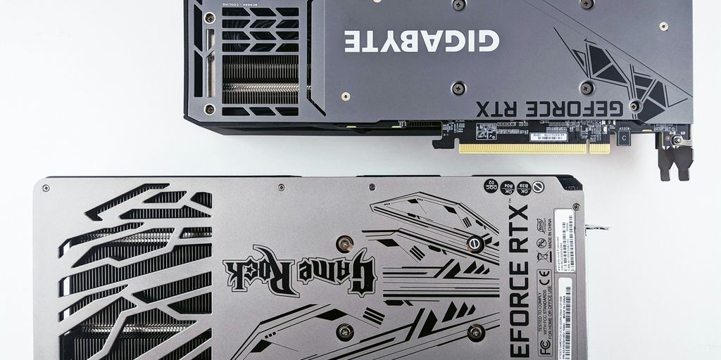 a close up of a graphics card on a white surface