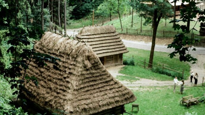 Thatched roof huts nestled in a lush green jungle clearing.