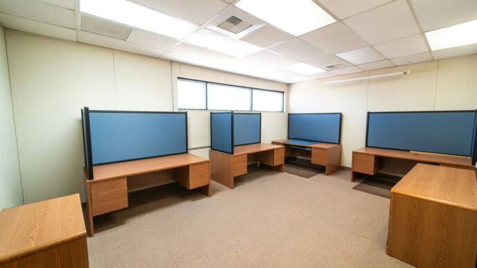 a room with a lot of desks and monitors