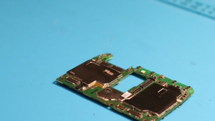 A mobile phone circuit board is seen up close.
