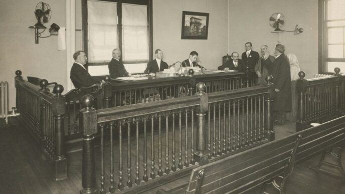 a group of men standing around a wooden desk