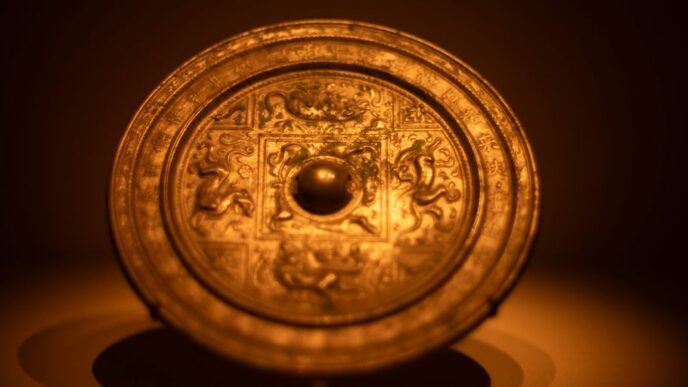 An ornate, ancient chinese bronze mirror.