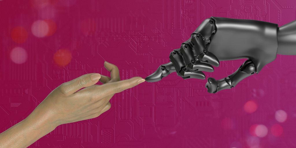 two hands touching each other in front of a pink background