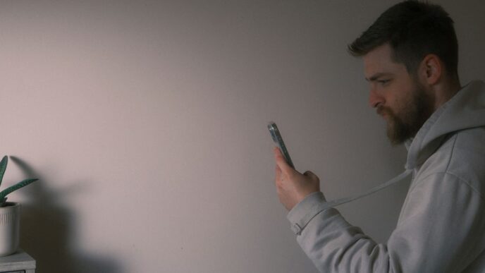 a man holding a cell phone next to a plant