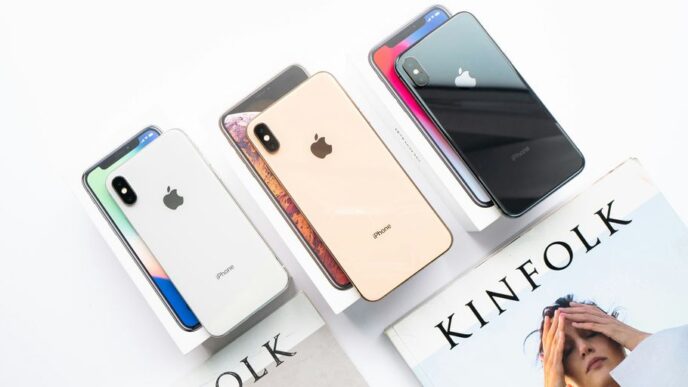 three assorted-color of iPhone Xs on boxes