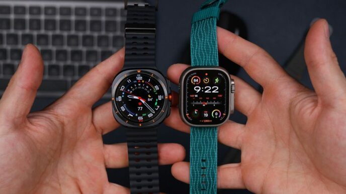 Two hands holding two different apple watch models