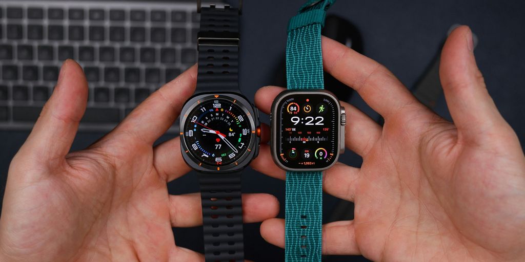 Two hands holding two different apple watch models