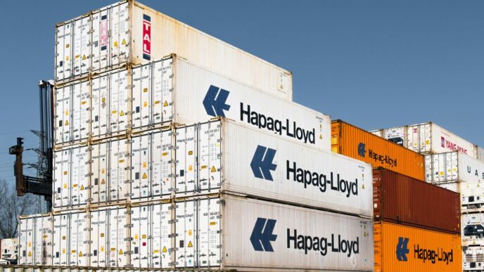 Shipping containers are stacked in a large pile.