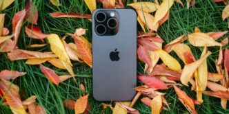 An iPhone is laying in the grass surrounded by autumn leaves