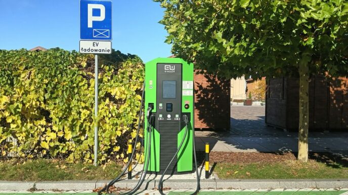 A green gas pump sitting on the side of a road