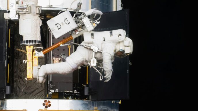 a space station with a space shuttle attached to it