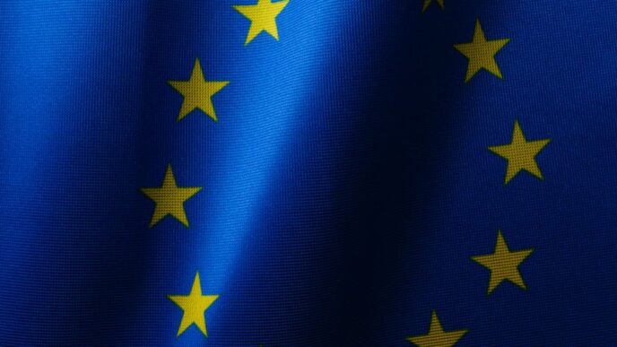 a close up of a blue and yellow flag
