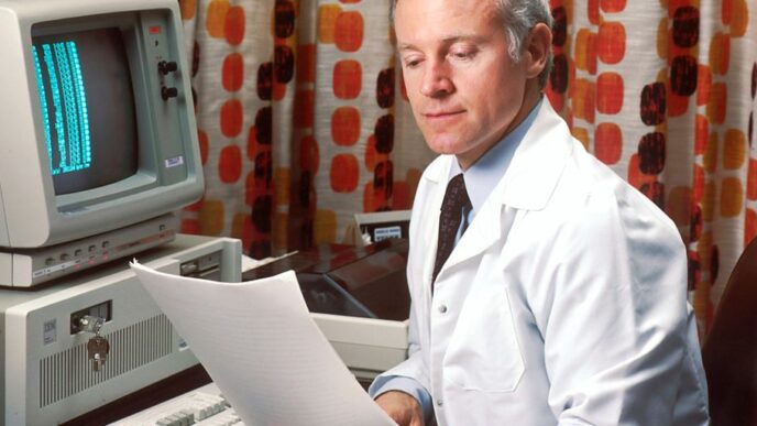 man reading papers in front of computer