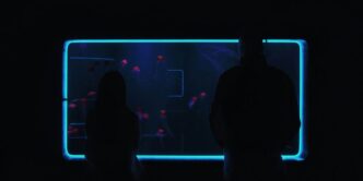 a couple of people standing in front of a tv