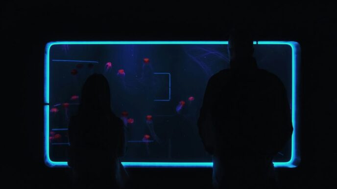 a couple of people standing in front of a tv